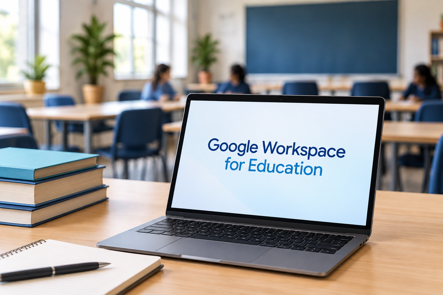 Notebook em sala de aula com Google Workspace for Education na tela.