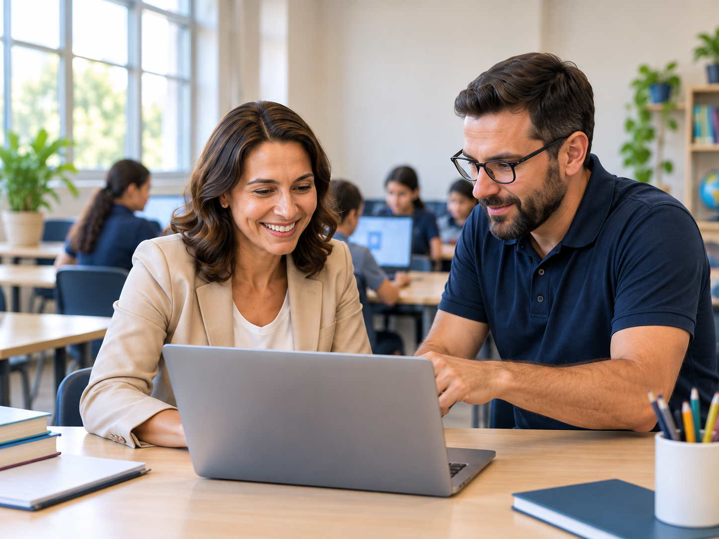 Profissionais colaborando em um ambiente escolar com notebook.