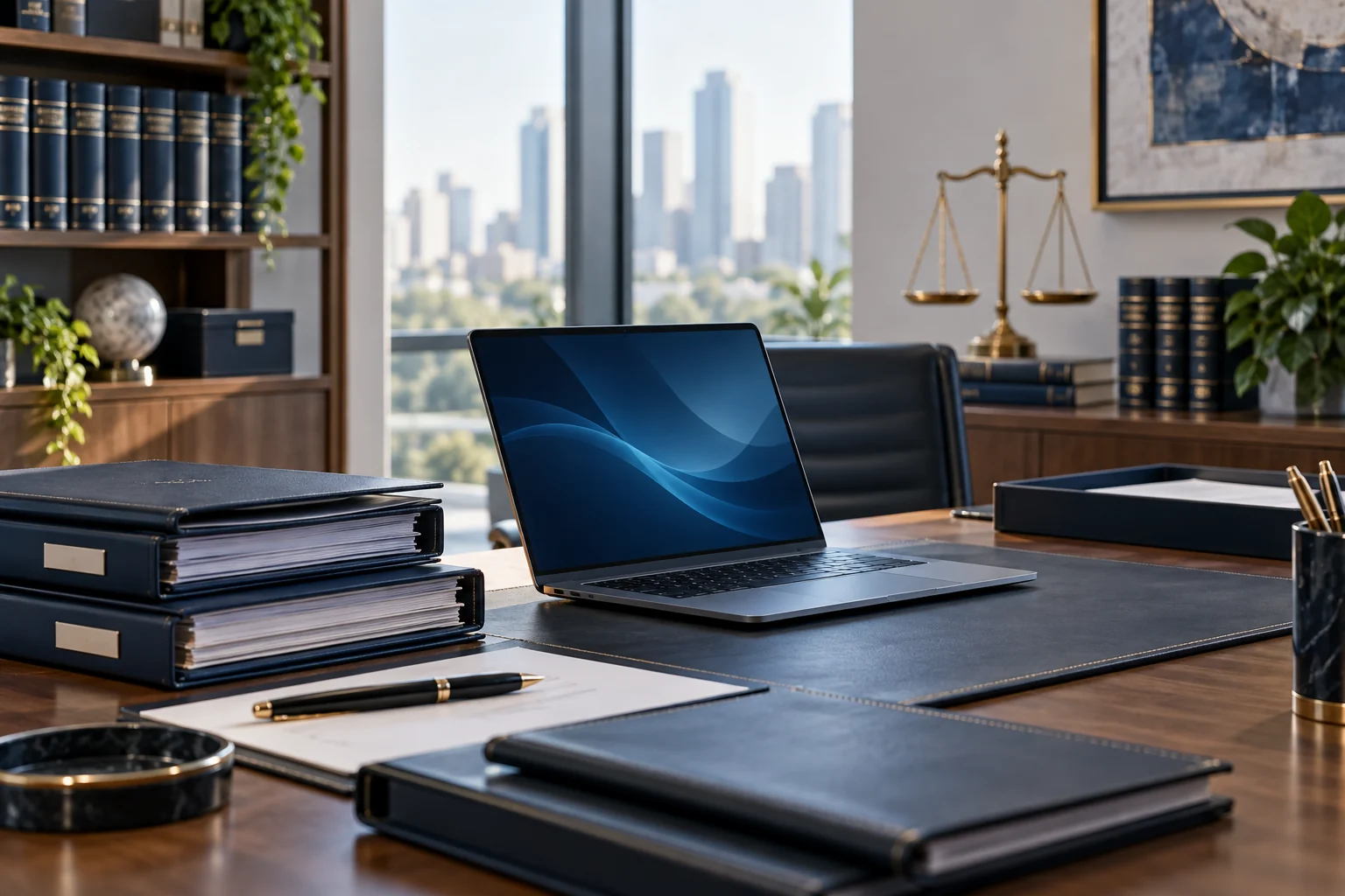 Mesa de escritório jurídico com documentos organizados e computador.