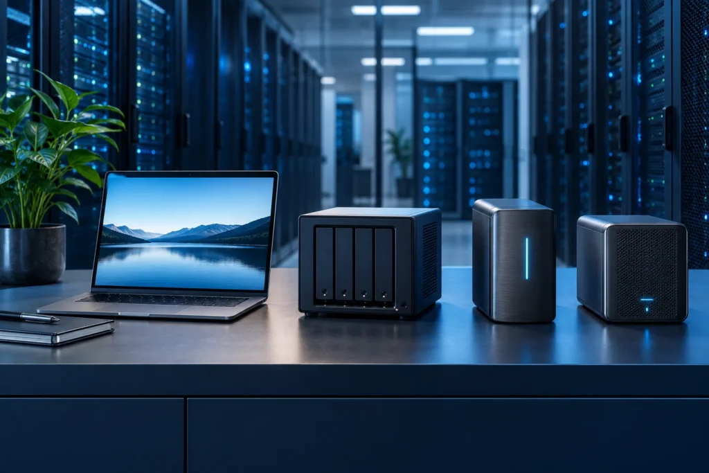 Computador e equipamentos de armazenamento em ambiente tecnológico.