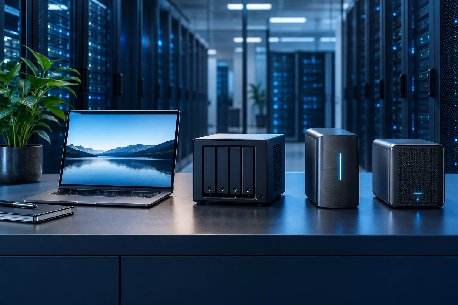Computador e equipamentos de armazenamento em ambiente tecnológico.