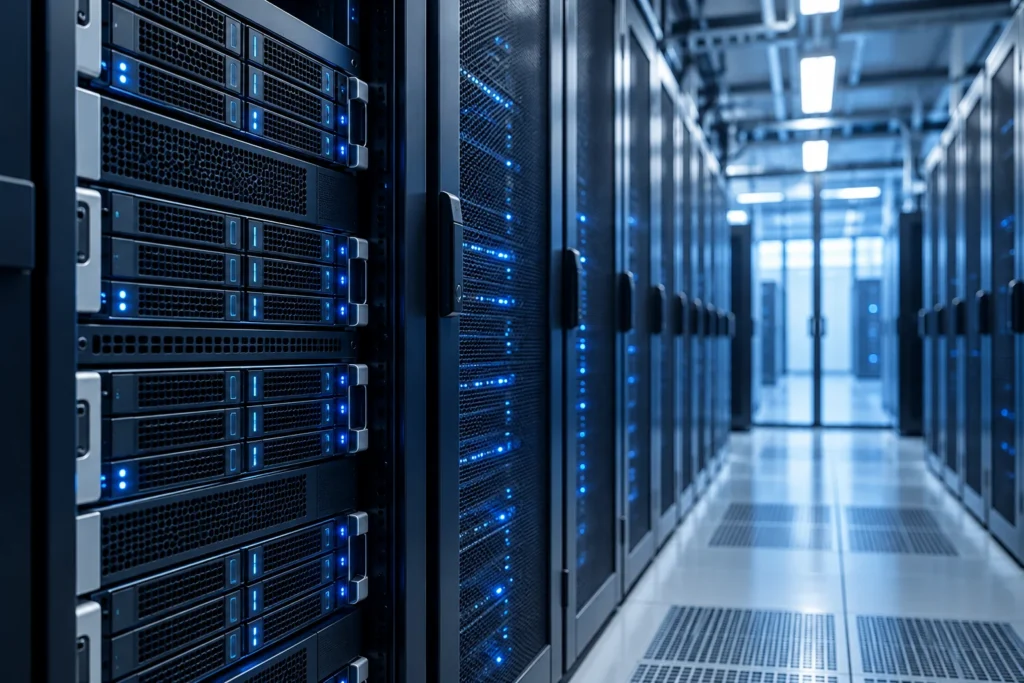 Corredor de data center com equipamentos de armazenamento e servidores.