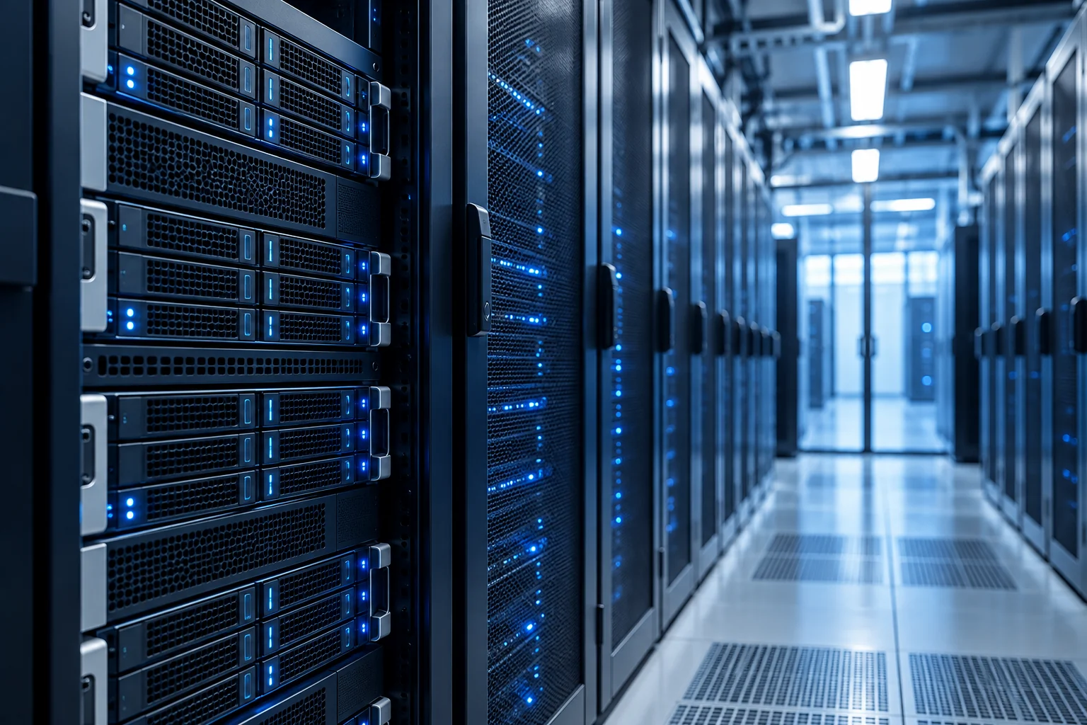 Corredor de data center com equipamentos de armazenamento e servidores.