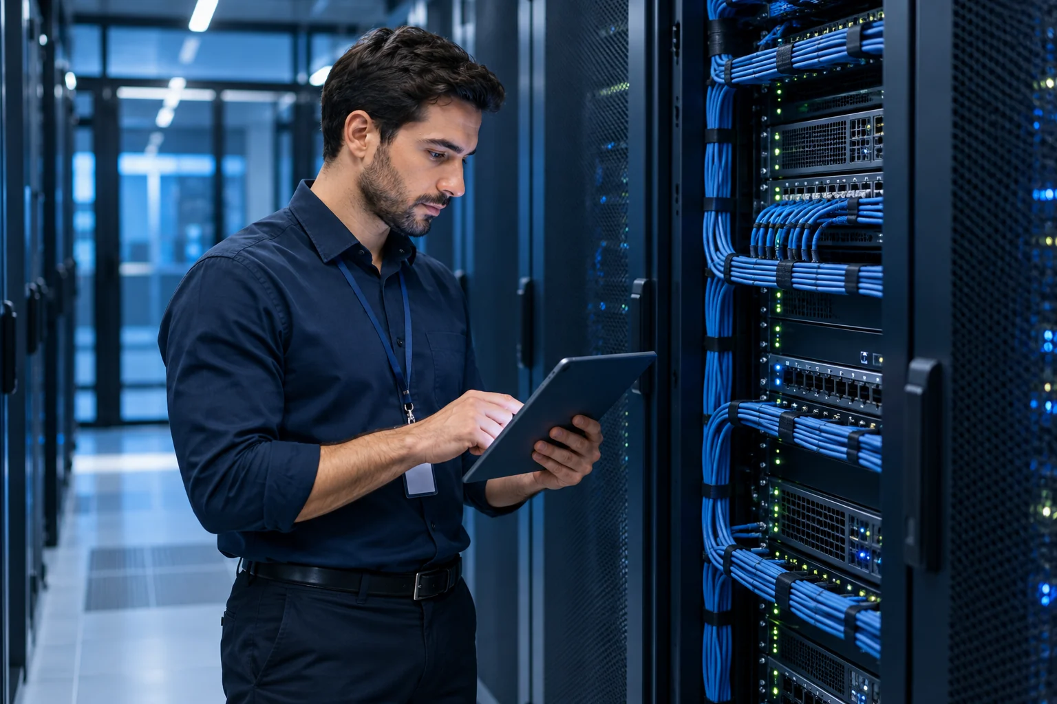 Profissional com tablet inspecionando um rack de rede organizado.