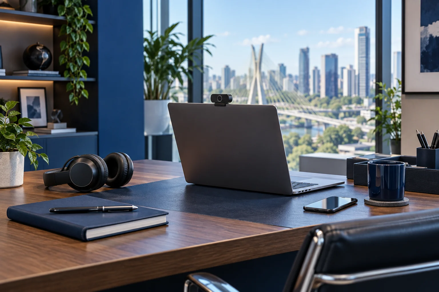Mesa de trabalho com notebook, câmera para reuniões e fones de ouvido.
