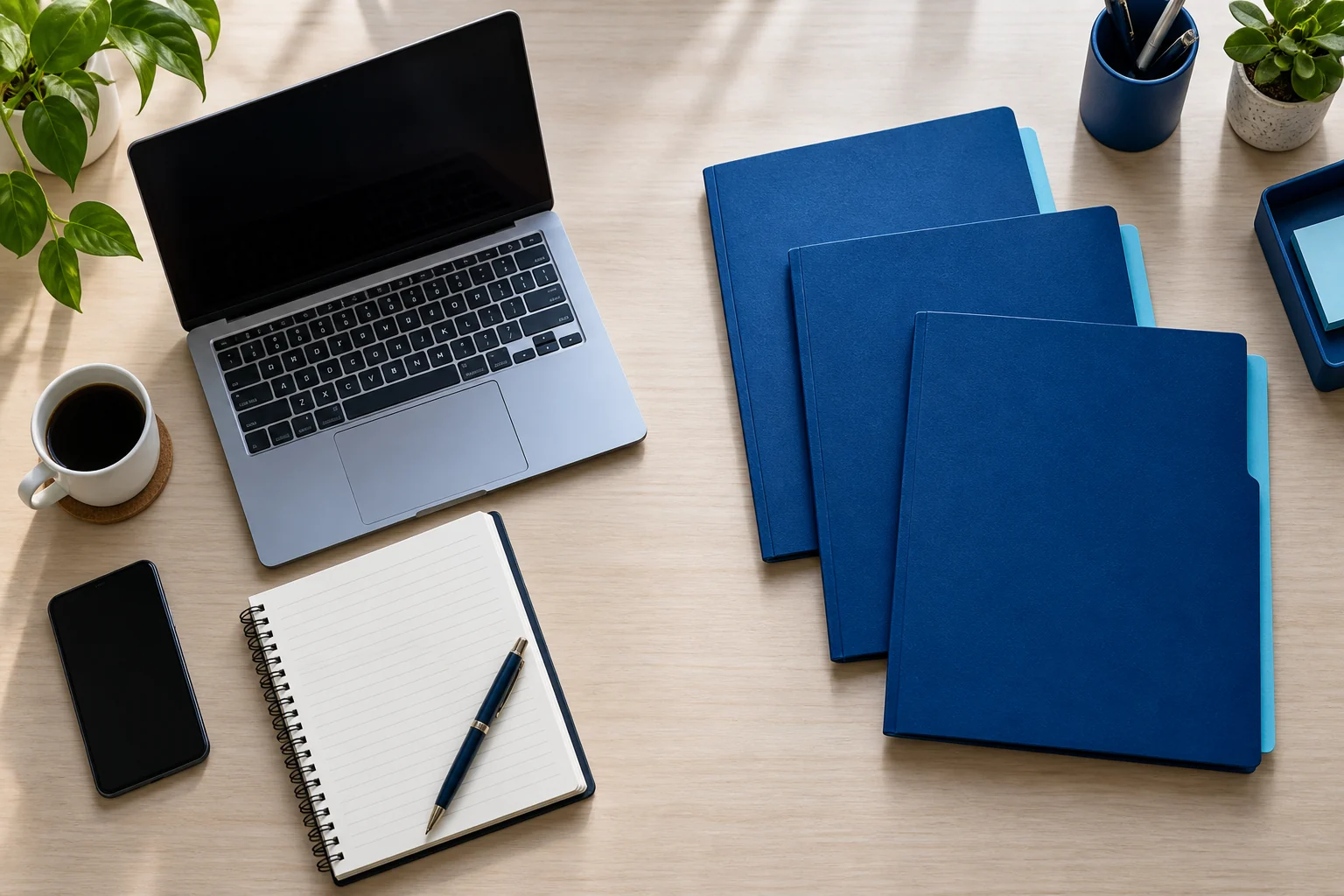 Computador, caderno e pastas azuis organizados sobre uma mesa.