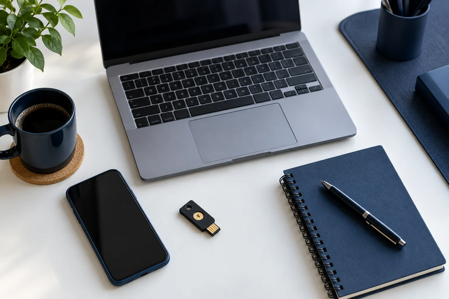 Notebook, celular e chave física de segurança sobre uma mesa.